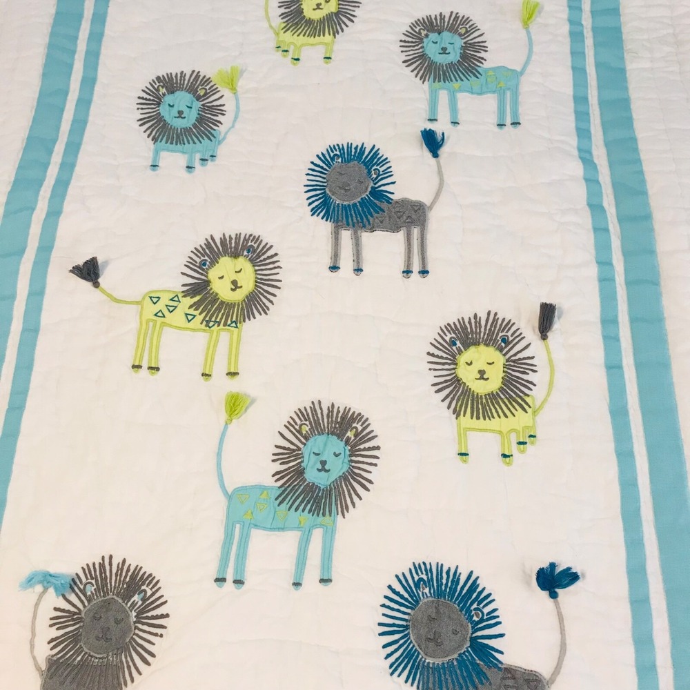 Pottery Barn Baby Quilt Lion Organic Cotton Blanket Toddler Kid Crib Aqua